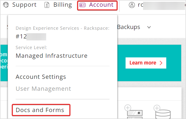 Docs and Forms option available under the Account navigation for cloud