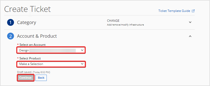 Account and Product selection