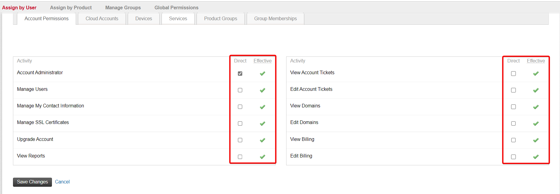 Assign user direct and effective permissions