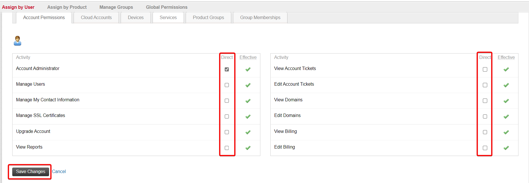 Assign permission by selecting checkbox