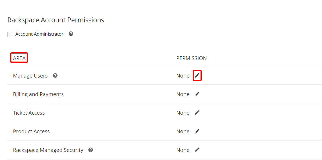 Assign permissions to different areas using pencil icon to the right