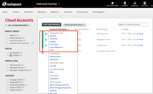 MyRackspace screenshot - Access SSO from the cog next to the user name