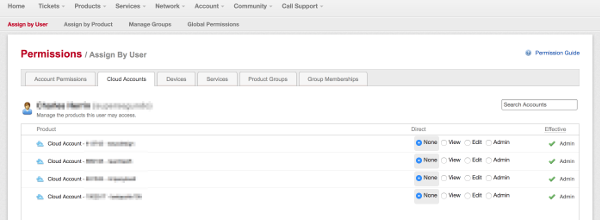 MyRackspace screenshot - Assign SSO permissions by user