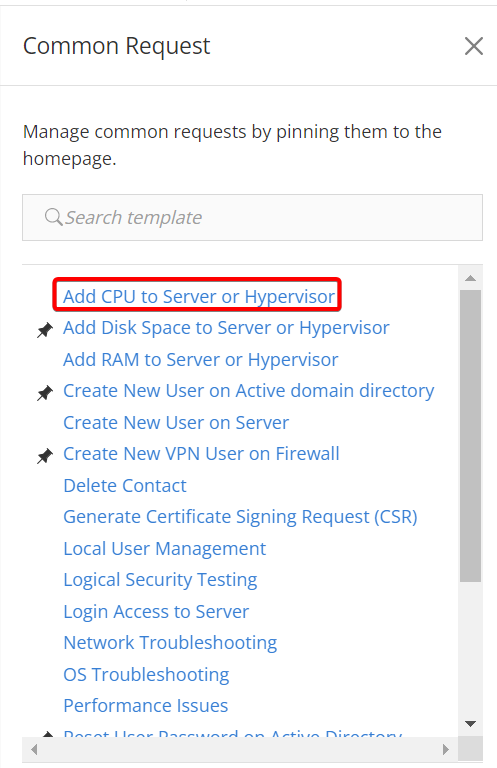 Select add CPU to server or hypervisor from common request menu