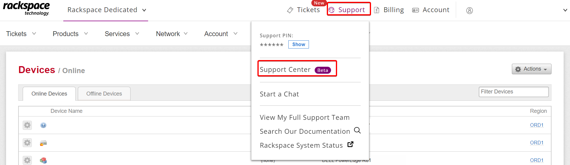 Select support from support center drop down menu